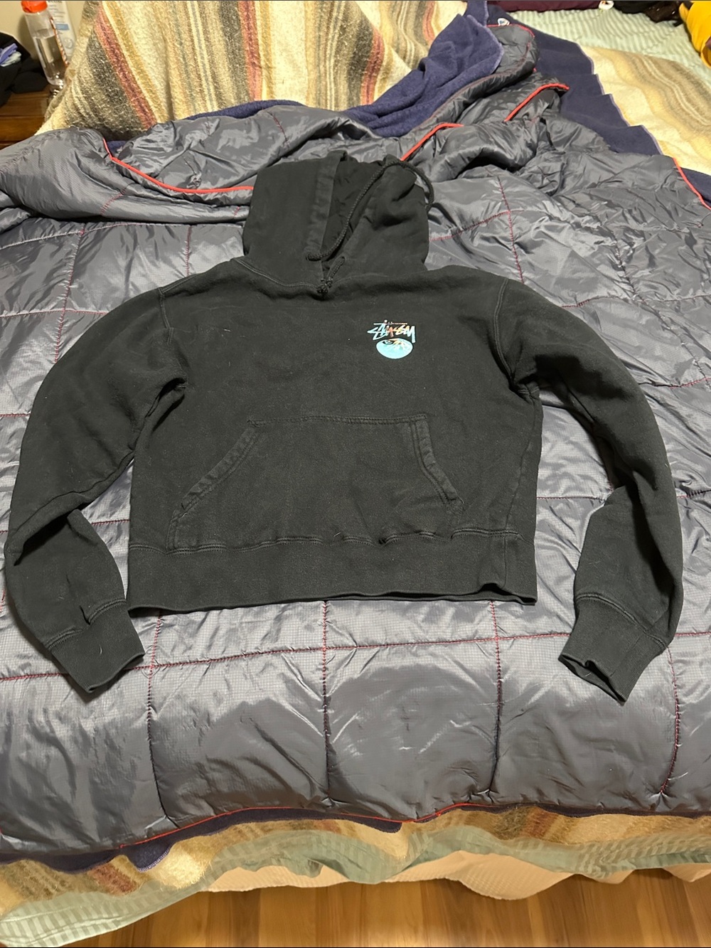 Stussy Black Hoodie with Blue Globe Chest Logo